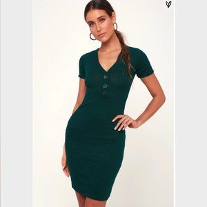 Green Ribbed Button-Front Bodycon Midi Dress